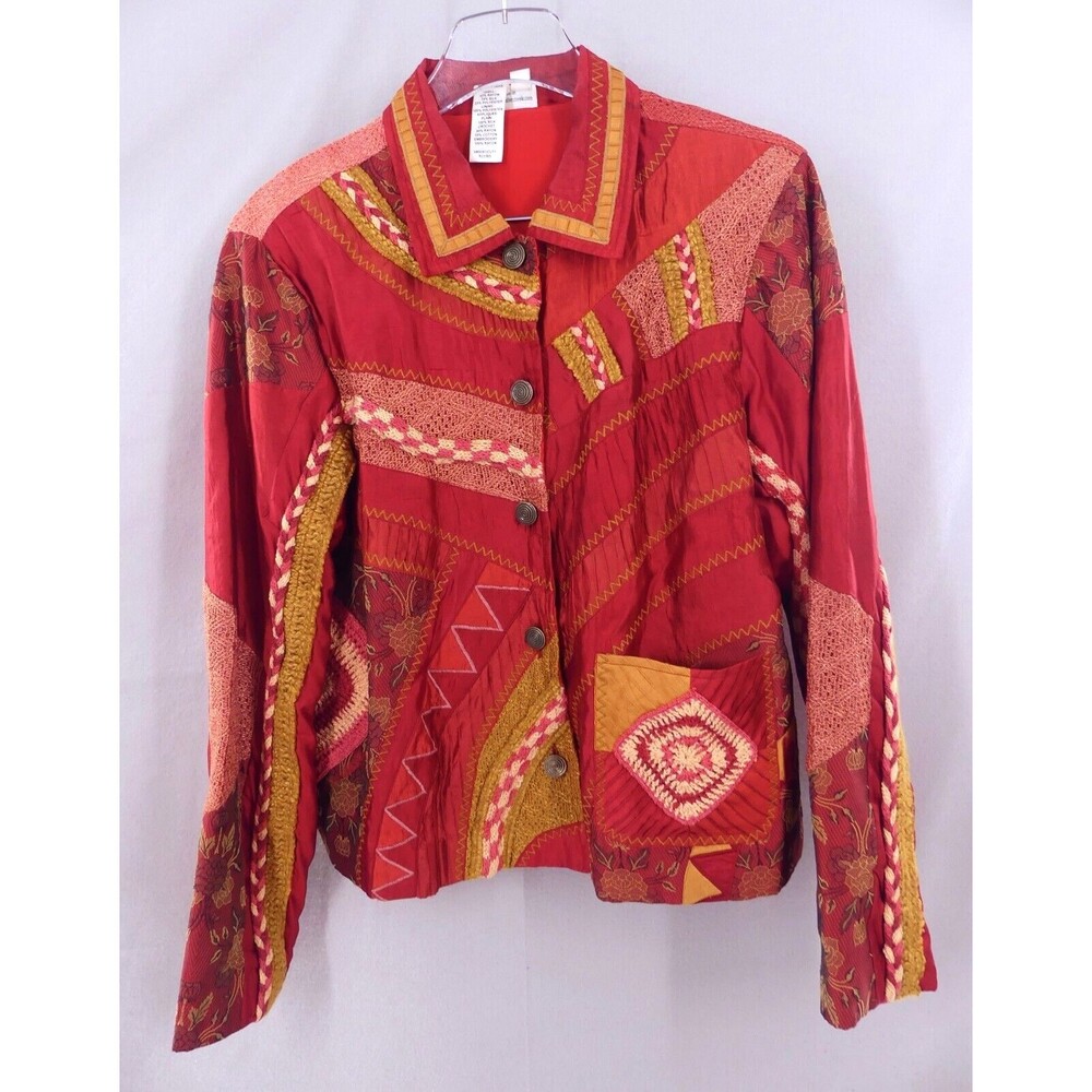 Coldwater Creek Medium Jacket Silk Blend Embroidered Crochet Blazer Red